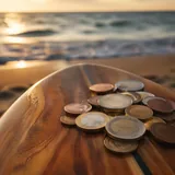 Pièces de monnaie posées sur une planche au bord de l'eau