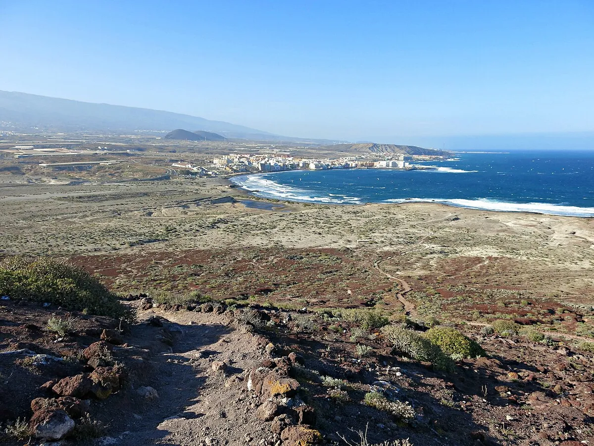 Vue sur la baie et le village d'El Médano depuis les pentes de la Montaña Roja, avec des moutons sur une mer bleu profond