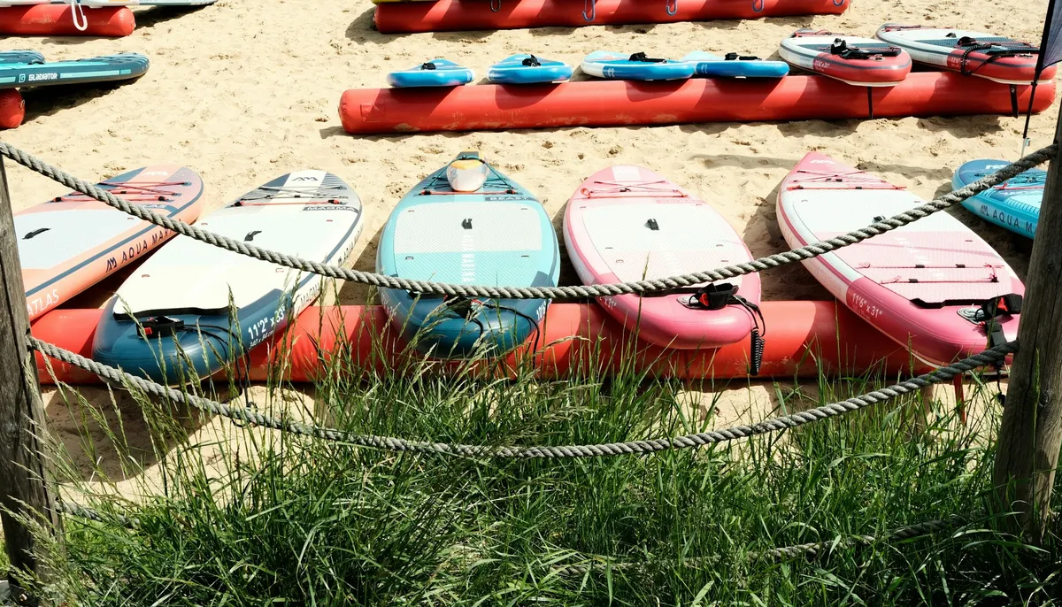 Paddles alignés sur le sable d'une plage de lac, derrière une corde