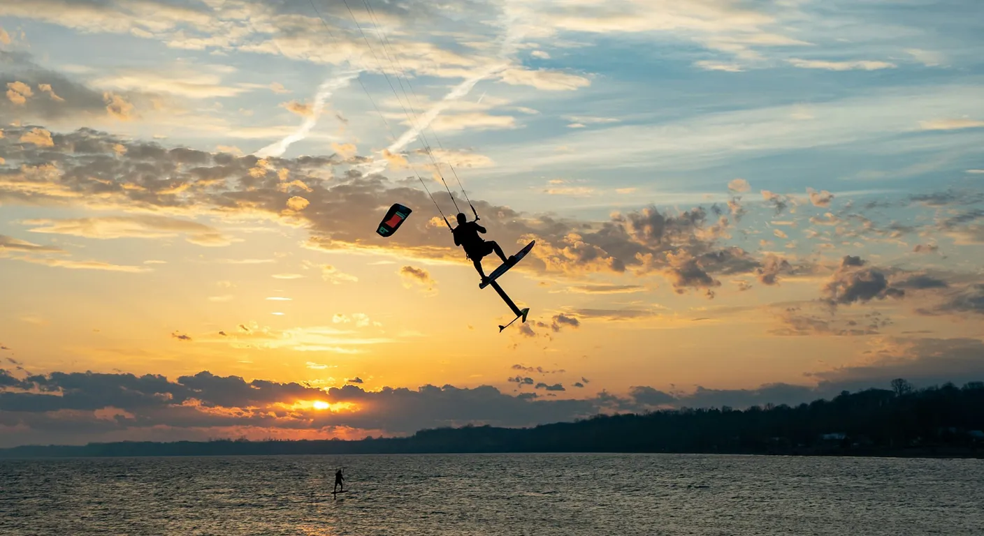 Silhouette d'un kitefoileur au coucher du soleil, sa planche sur le foil au-dessus de l'eau