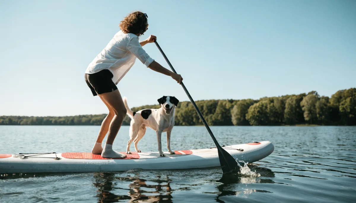 Chien assis sur une planche de paddle avec son maître