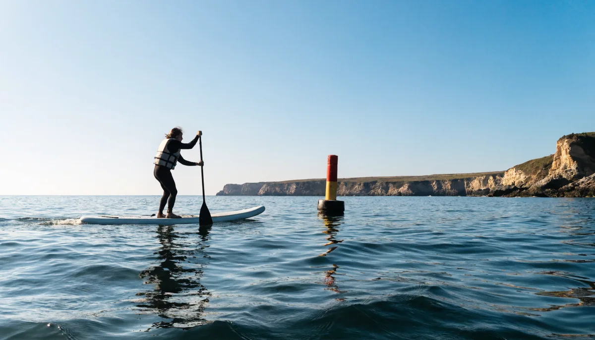 Pratiquant de paddle SUP debout avec gilet de sauvetage en mer