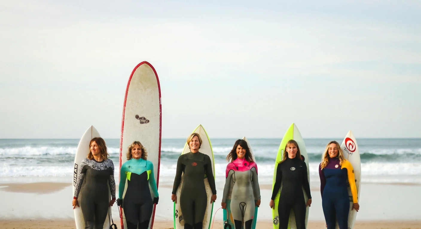 Stage de surf à Biarritz : groupe de débutants sur la plage avec moniteur