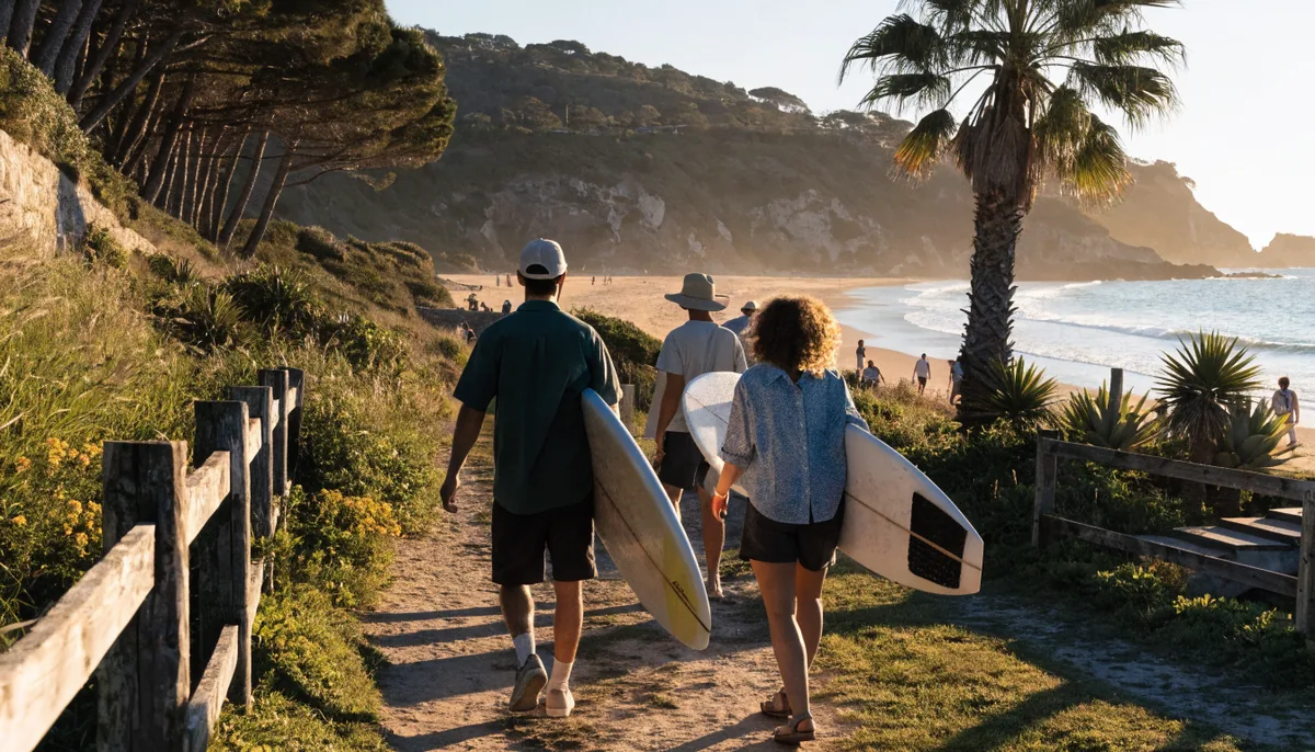 Famille apprenant le surf sur une plage ensoleillée