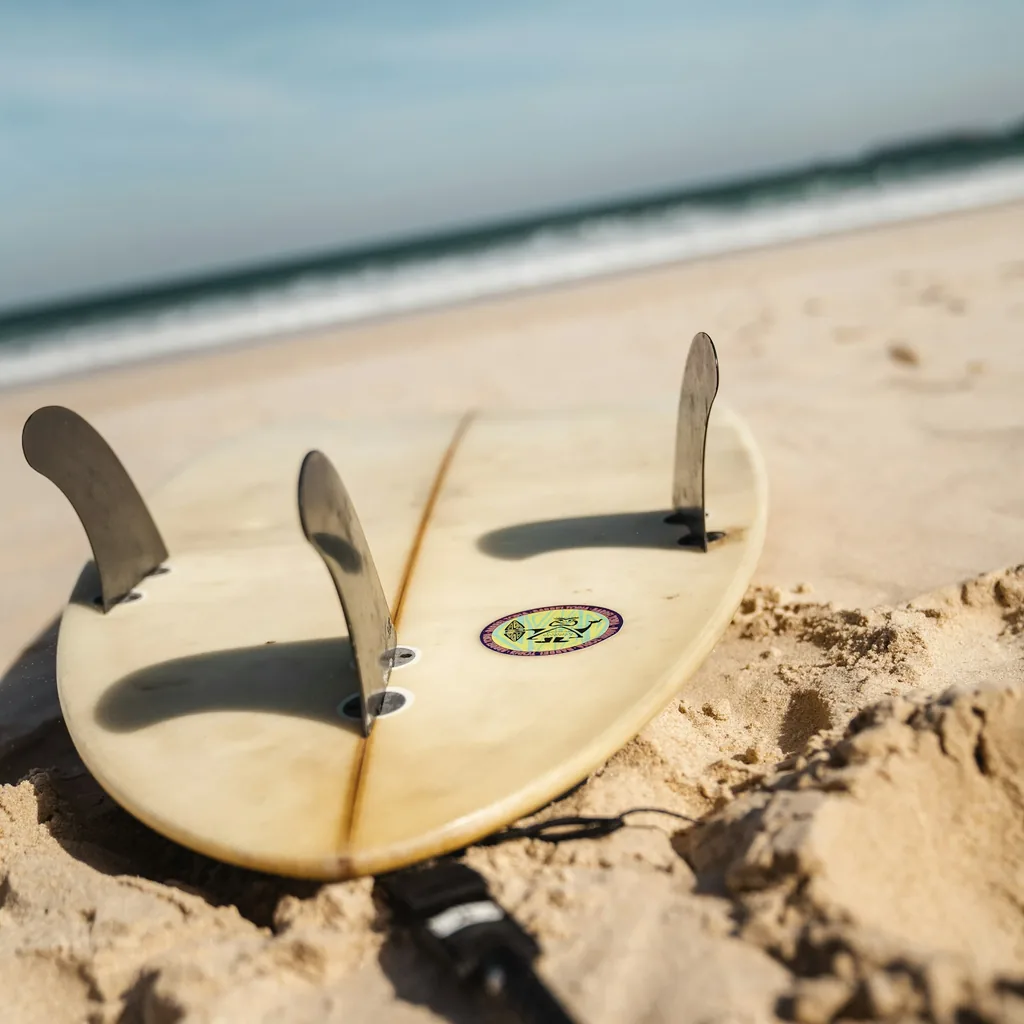 Shortboard tri-fin posé sur le sable, vu de dessous