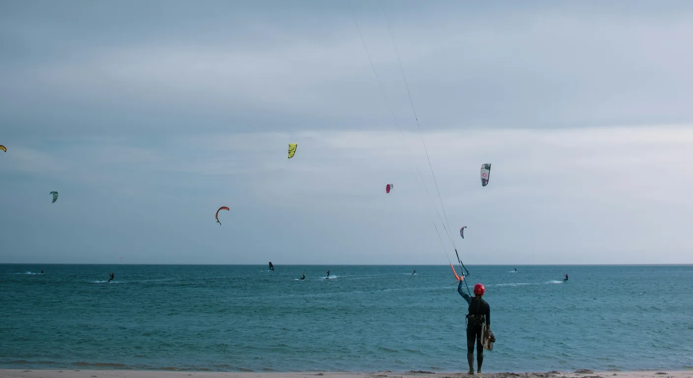 Kitesurfeurs sur les eaux plates de la lagune de Leucate
