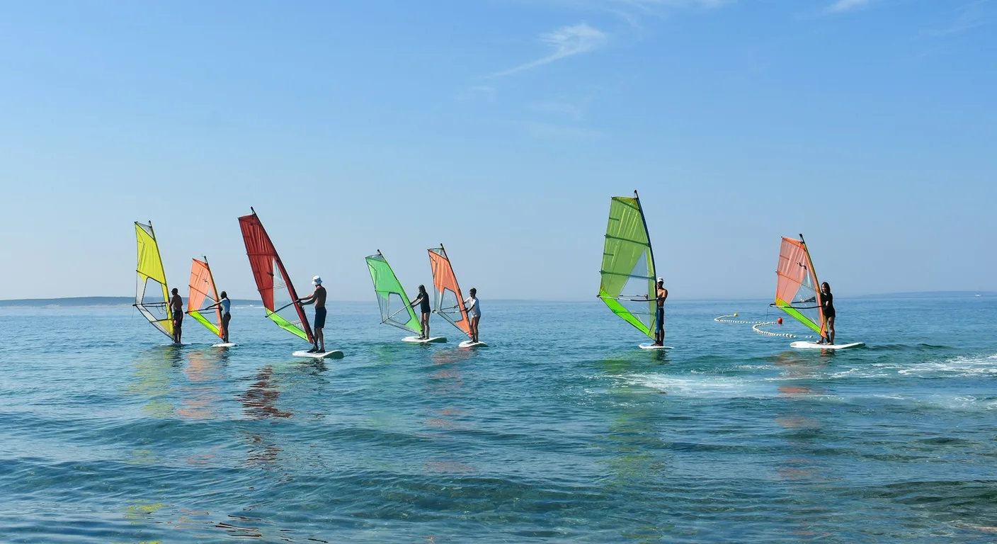 Groupe de windsurfeurs sur une eau calme